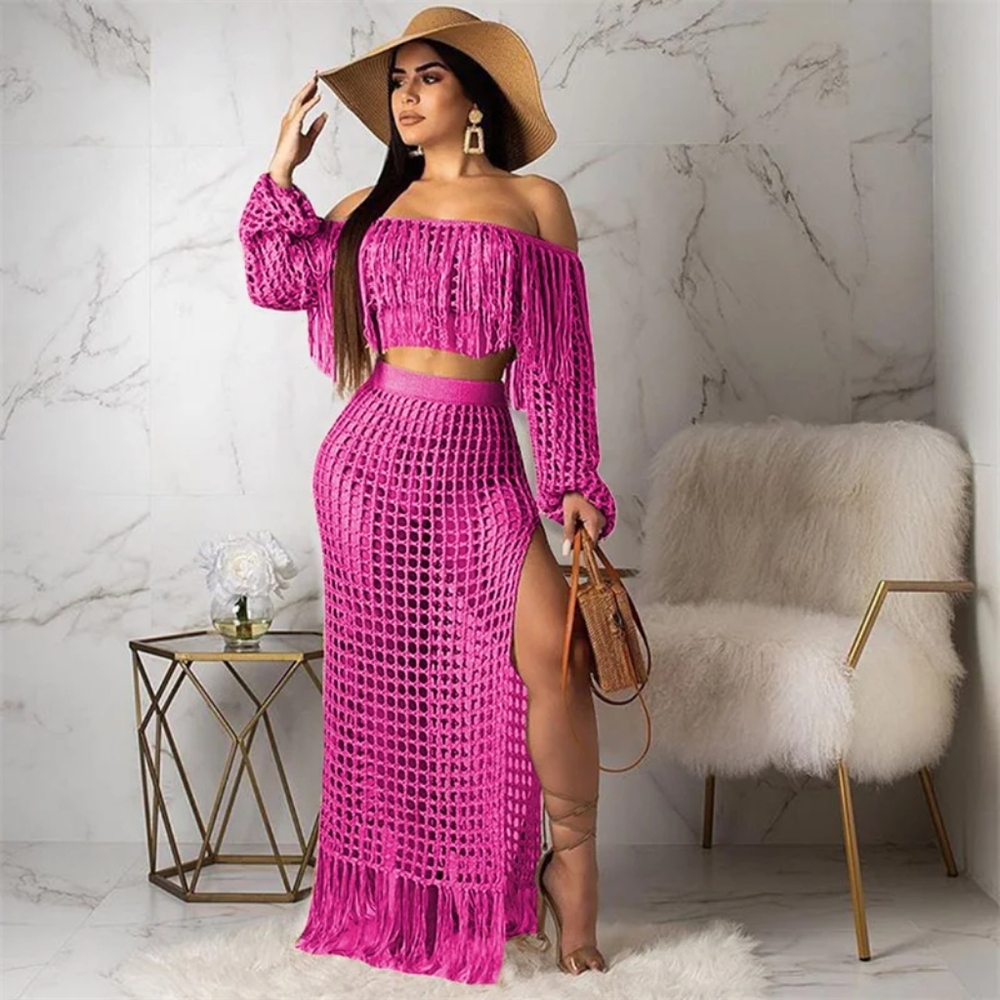 Green Maxi Skirt  Out Slit  Two Pieces Woman Set Mesh Tassel Beach 2piese Cuver
